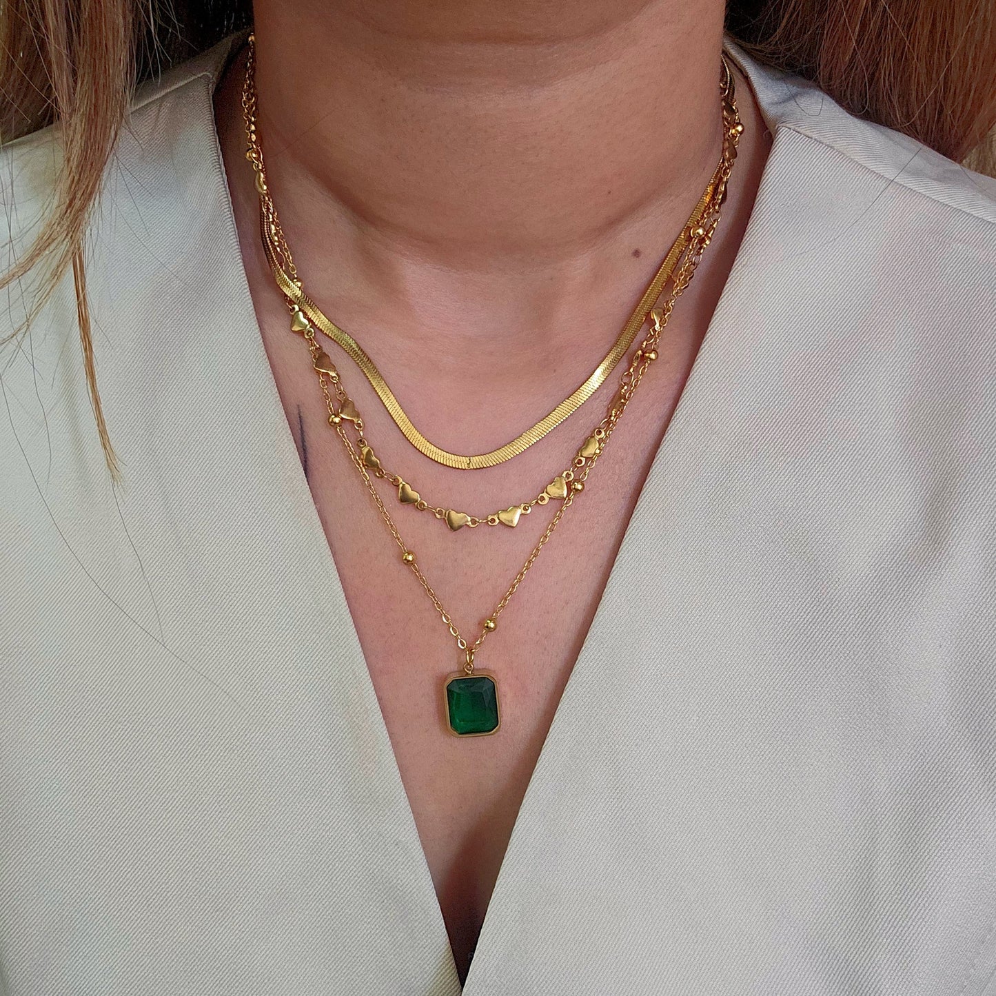 Trio Emerald Stud Necklace